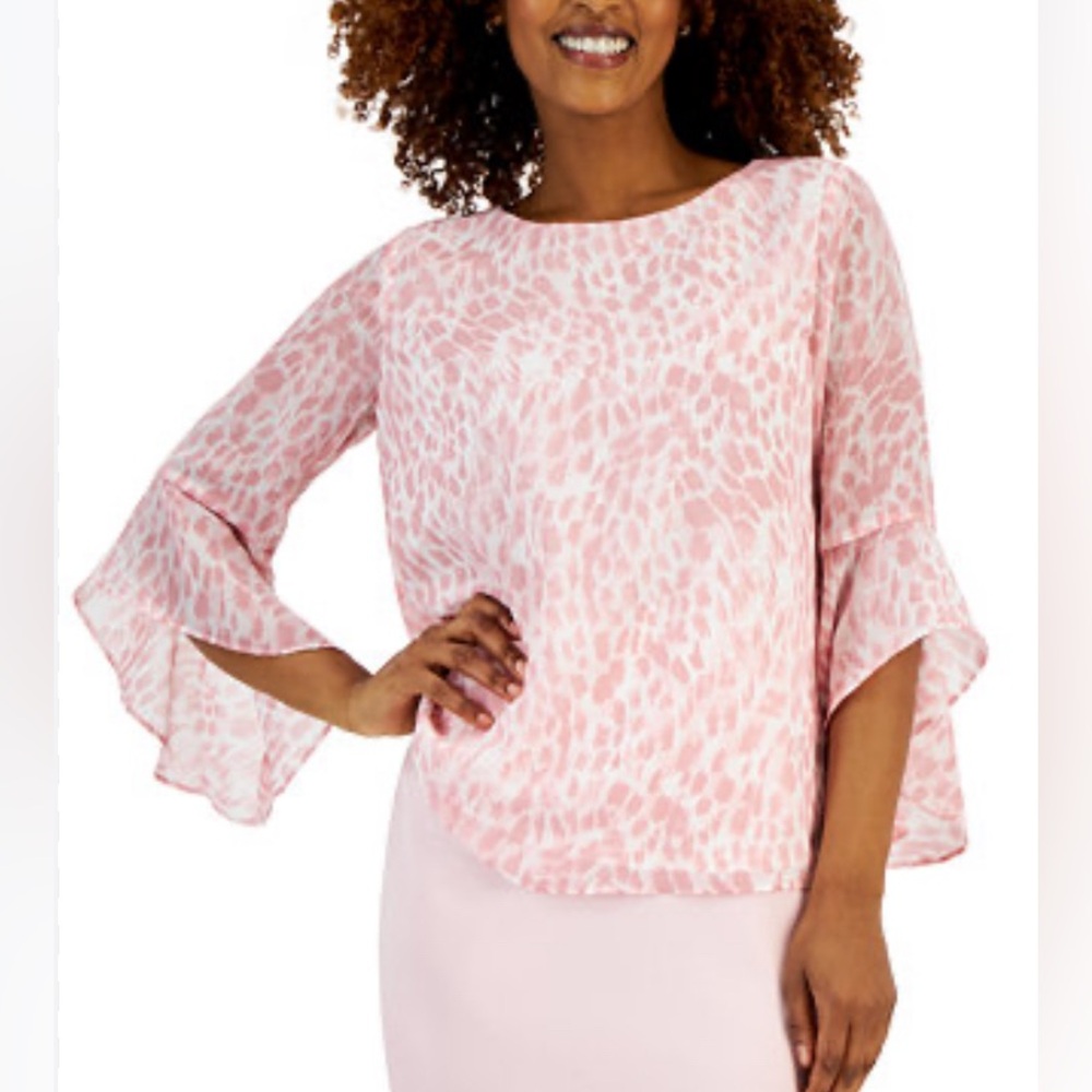 Kasper size medium pink and white sheer ruffle sleeve blouse